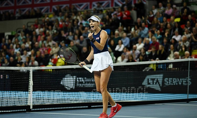 Katie Boulter celebrates her first win over Sweden at the Billie Jean King Cup