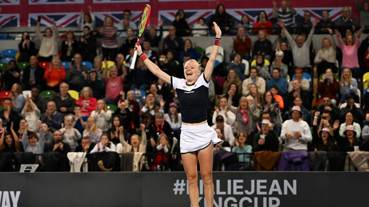 Harriet Dart jumps in celebration as Great Britain defeat Sweden at the Billie Jean King Cup