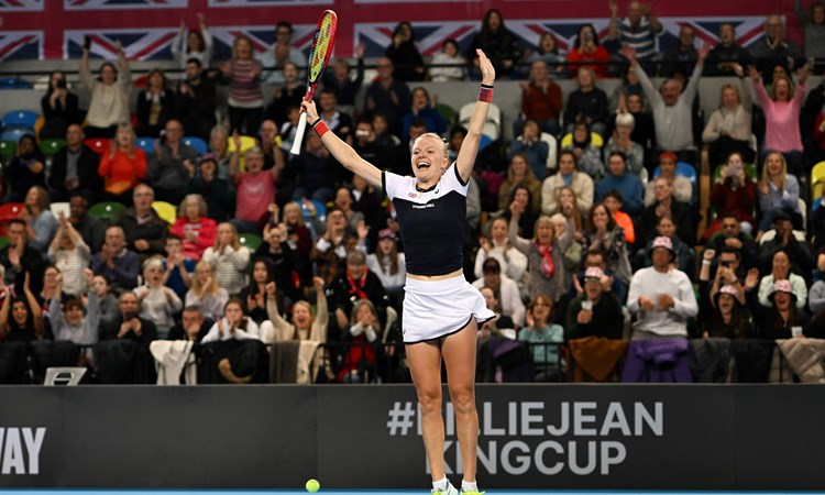 Harriet Dart jumps in celebration as Great Britain defeat Sweden at the Billie Jean King Cup