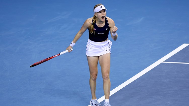 Harriet Dart celebrating winning a point during her singles rubber against Ajla Tomljanovic in the Great Britain's semi-final tie against Australia at the 2022 Billie Jean King Cup
