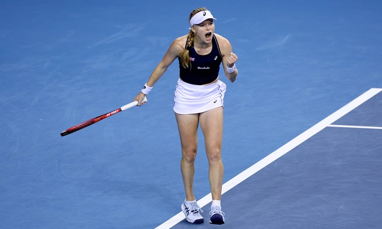 Harriet Dart celebrating winning a point during her singles rubber against Ajla Tomljanovic in the Great Britain's semi-final tie against Australia at the 2022 Billie Jean King Cup