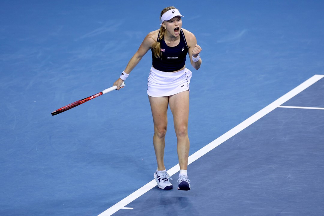 Harriet Dart celebrating winning a point during her singles rubber against Ajla Tomljanovic in the Great Britain's semi-final tie against Australia at the 2022 Billie Jean King Cup