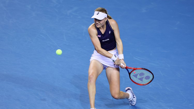 Harriet Dart in action during her singles rubber in Great Britain's semi-final tie against Australia at the 2022 Billie Jean King Cup