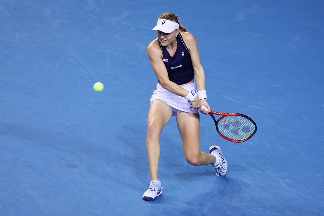 Harriet Dart in action during her singles rubber in Great Britain's semi-final tie against Australia at the 2022 Billie Jean King Cup