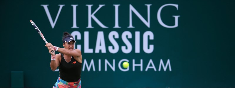 Heather Watson playing a backhand at the Viking Classic Birmingham