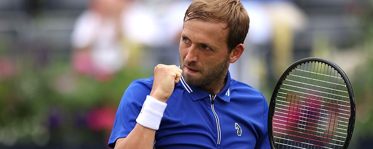 Dan Evans fist pump after winning a tennis shot at the cinch Championships