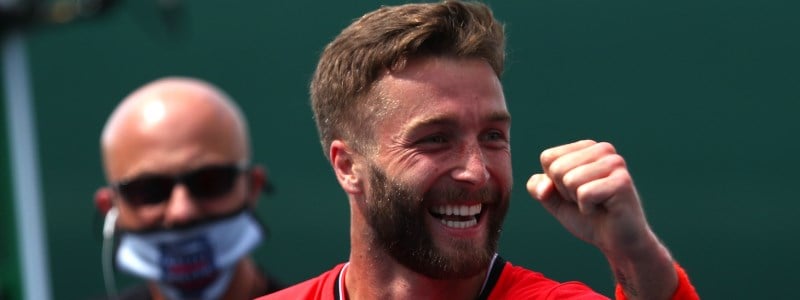 Liam Broady fist pump after a tennis point at the Battle of the Brits