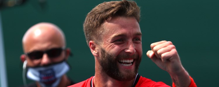Liam Broady fist pump after a tennis point at the Battle of the Brits