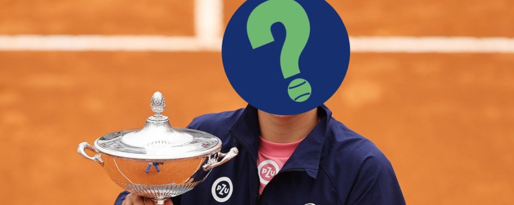 Person holding a trophy on a tennis court with a question mark symbol on their face