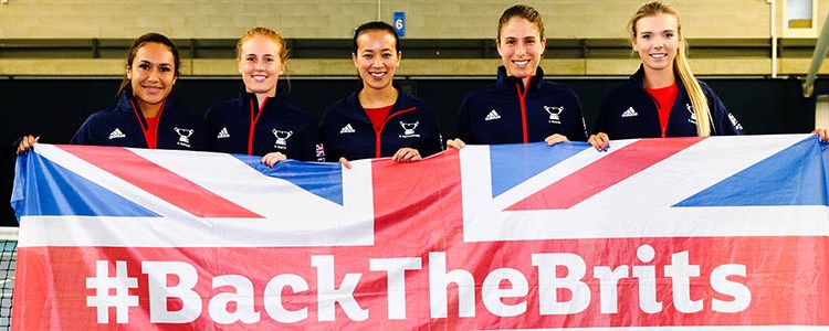 GB tennis players holding 'back the brits' union jack flag