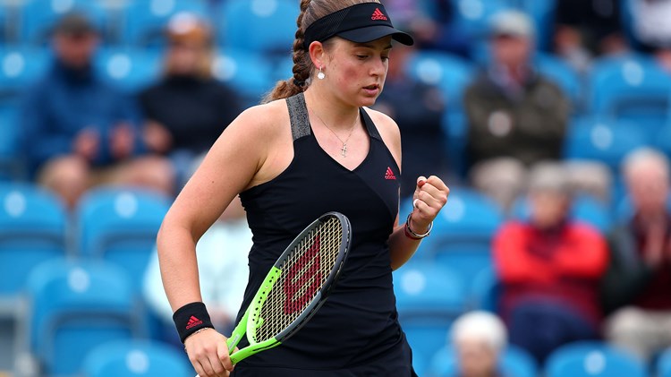 Jelena Ostapenko celebrating a winning tennis shot