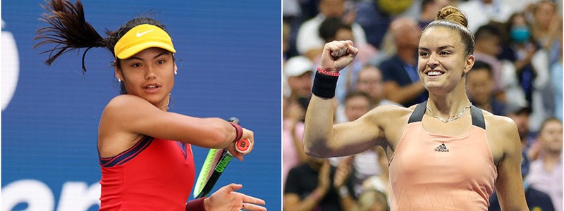 two images left image of emma raducanu playing a forehand image on the right of maria sakkari doing a fist pump