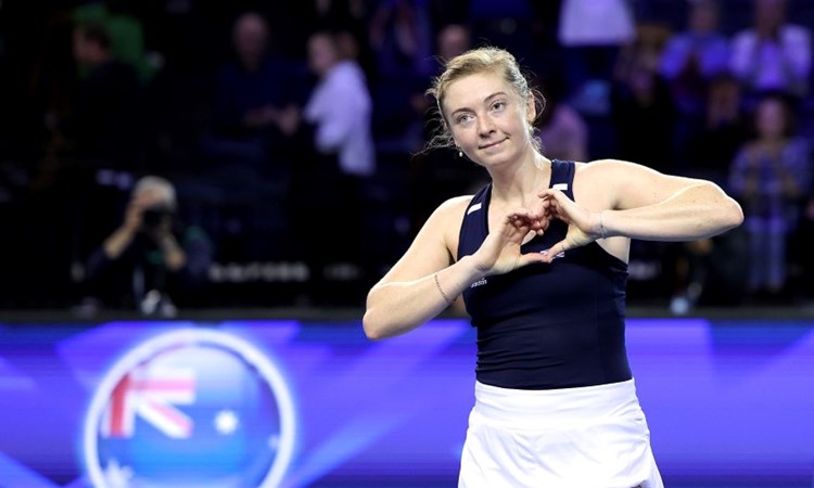 Alicia Barnett of Team Great Britain shows a heart to the fans following the Semi-Final match between Team Australia and Team Great Britain