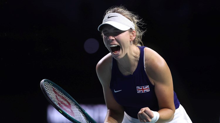 Katie Boulter celebrates Great Britain's win over Canada at the Billie Jean King Cup