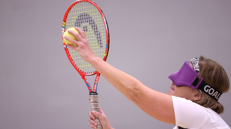 Monica Smith plays against Yvette Preiestly during Visually Impaired Tennis National Finals 2022 match at Wrexham Tennis Centre on November 20, 2022 in Wrexham, Wales.