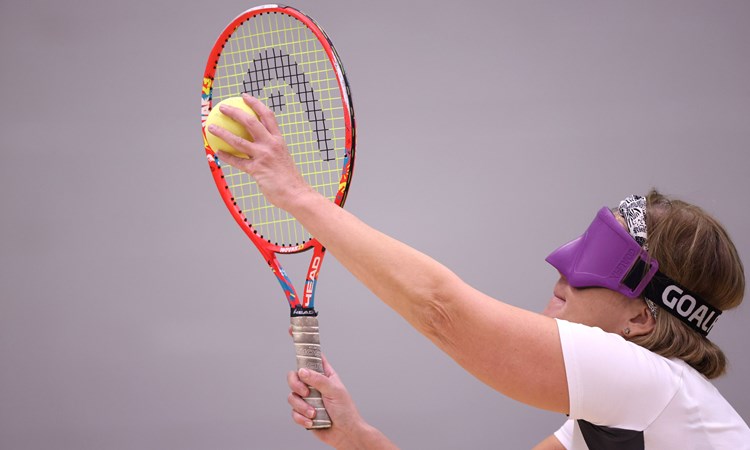 Monica Smith plays against Yvette Preiestly during Visually Impaired Tennis National Finals 2022 match at Wrexham Tennis Centre on November 20, 2022 in Wrexham, Wales.