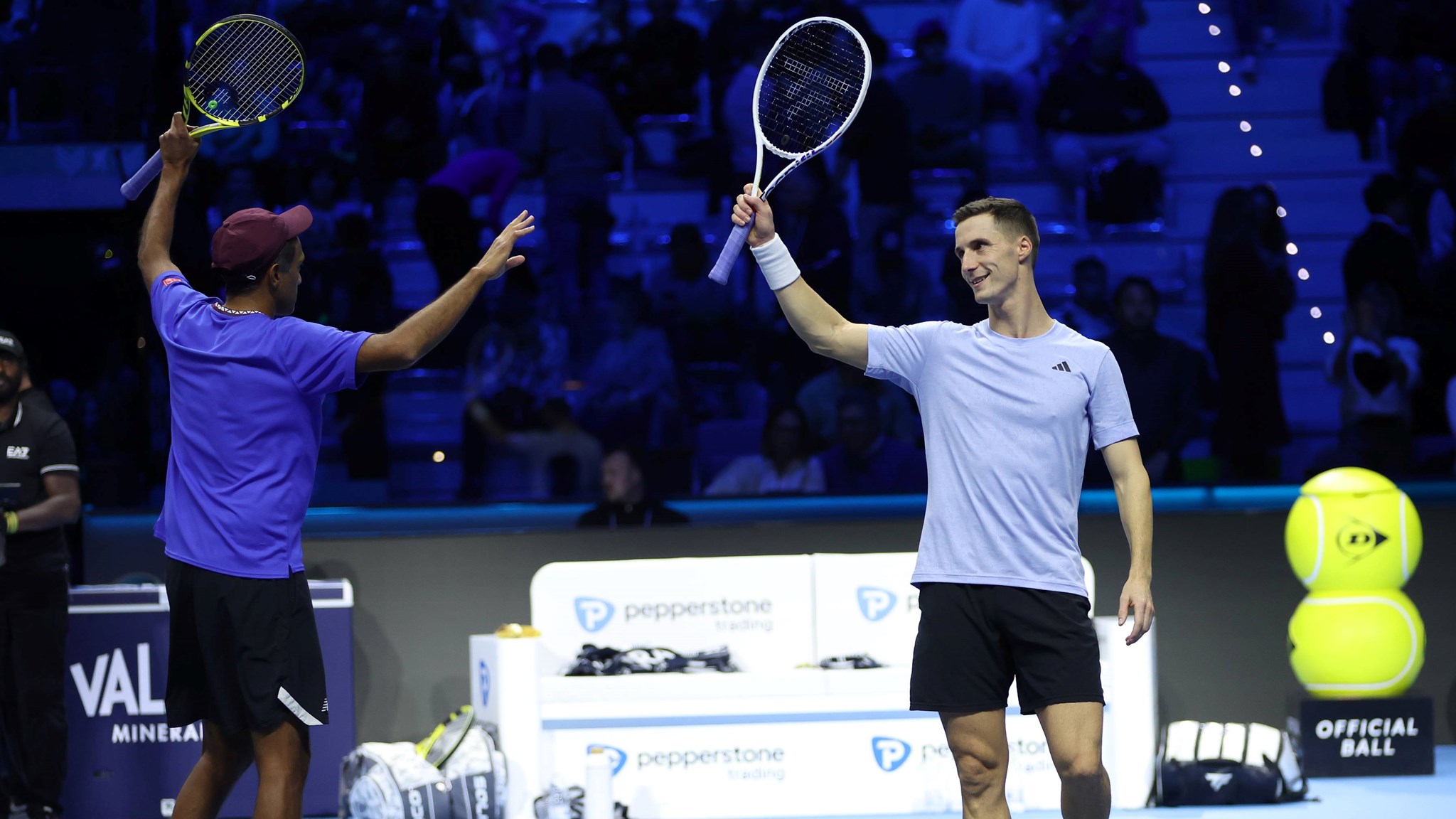 Joe Salisbury and Rajeev Ram celebarte winning a match at the Nitto ATP Finals