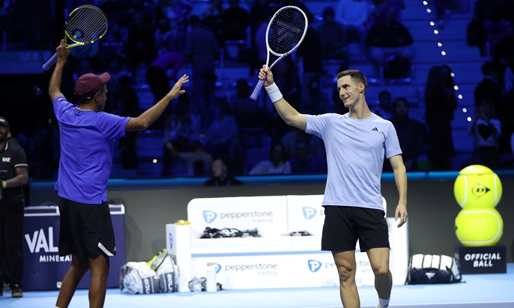 Joe Salisbury and Rajeev Ram celebarte winning a match at the Nitto ATP Finals