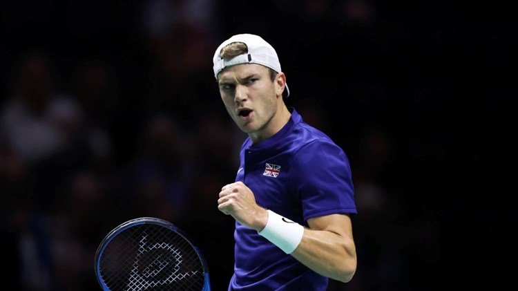 Jack Draper fist pumps after winning a point on his Davis Cup debut against Thanasi Kokkinakis