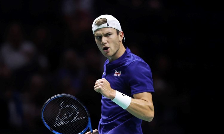 Jack Draper fist pumps after winning a point on his Davis Cup debut against Thanasi Kokkinakis