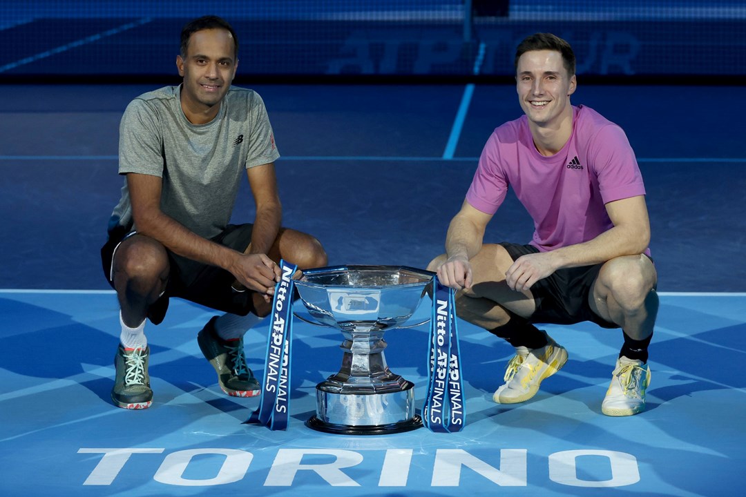 Joe Salisbury and Rajeev Ram with the Nitto ATP Finals doubles trophy