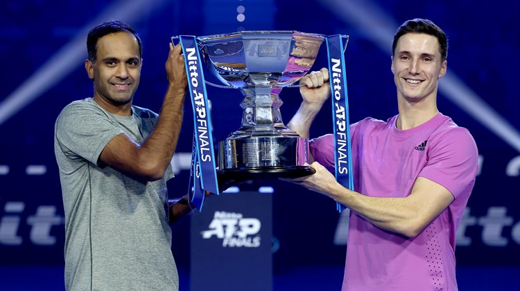 Joe Salisbury and Rajeev Ram with the Nitto ATP Finals doubles trophy