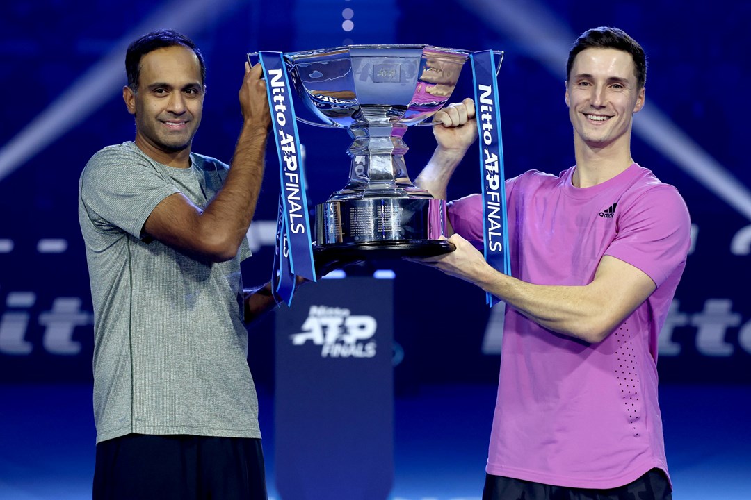 Joe Salisbury and Rajeev Ram with the Nitto ATP Finals doubles trophy