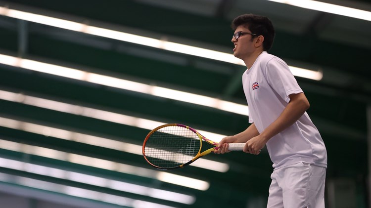 Ivan Rodriguez-Deb pictured on court during the Visually Impaired Tennis National Finals 2023 at the Wrexham Tennis Centre, Wrexham.