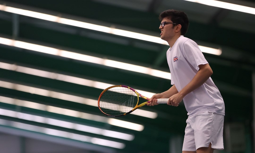Ivan Rodriguez-Deb pictured on court during the Visually Impaired Tennis National Finals 2023 at the Wrexham Tennis Centre, Wrexham.