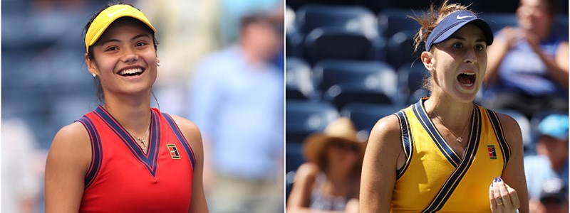 left image of emma raducanu smiling and right image of belinda bencic shouting