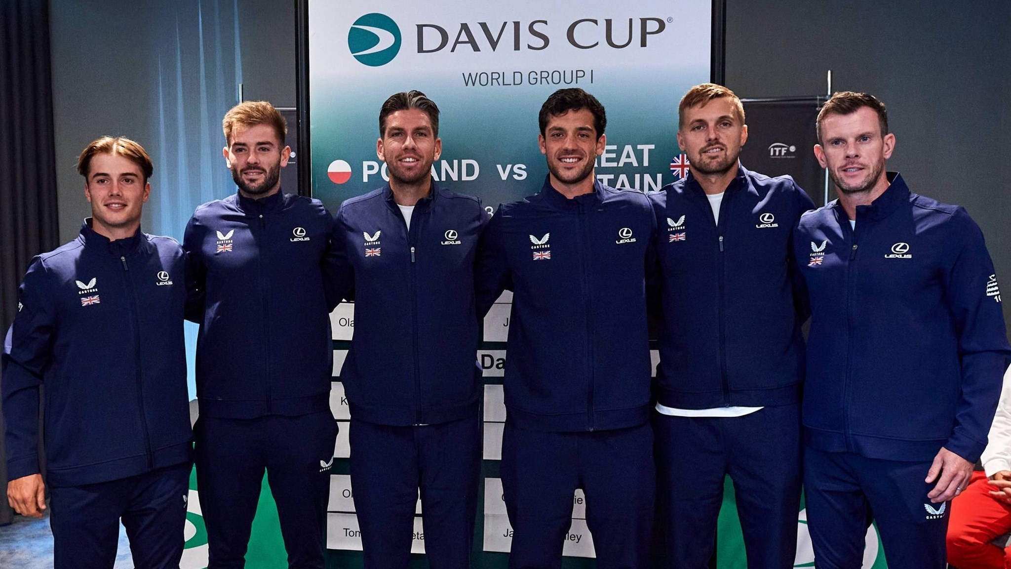 Arthur Fery, Jacob Fearnly, Cam Norrie, Julian Cash, Lloyd Glasspool and Leon Smith as the Lexus GB Davis Cup team to face Poland