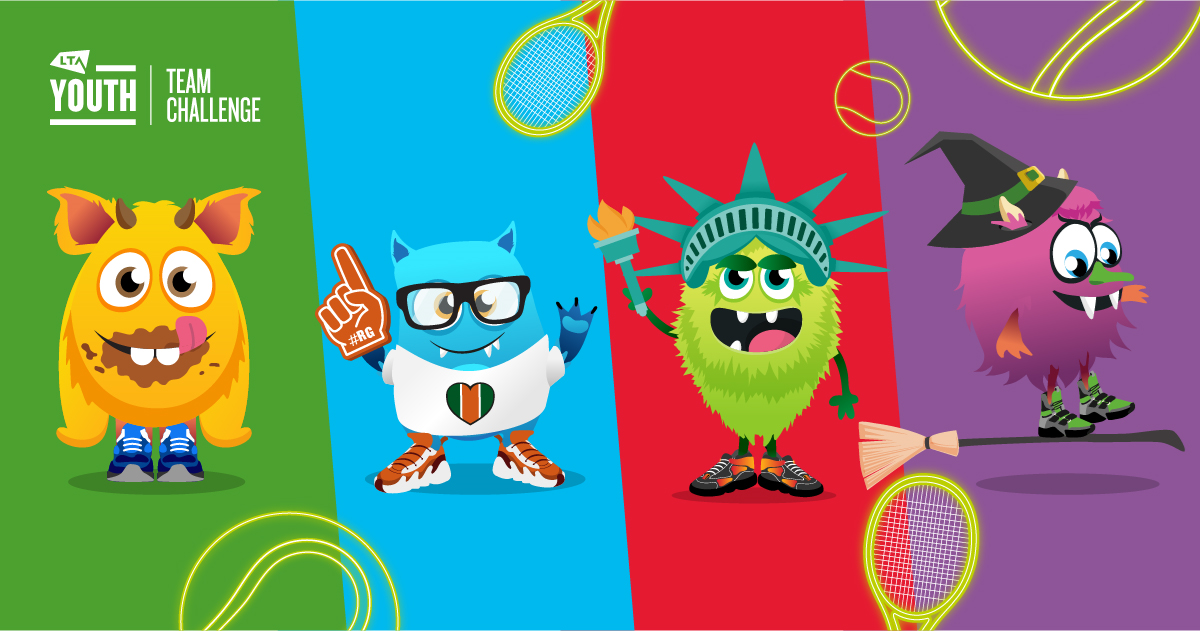 Four cartoon monsters representing the four tennis grand slams as part of the LTA Youth Team Challenge banner