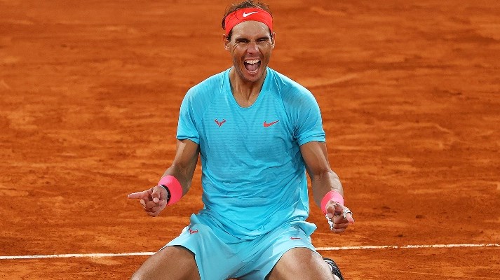 Rafael Nadal celebrating on court after his 13th French Open win