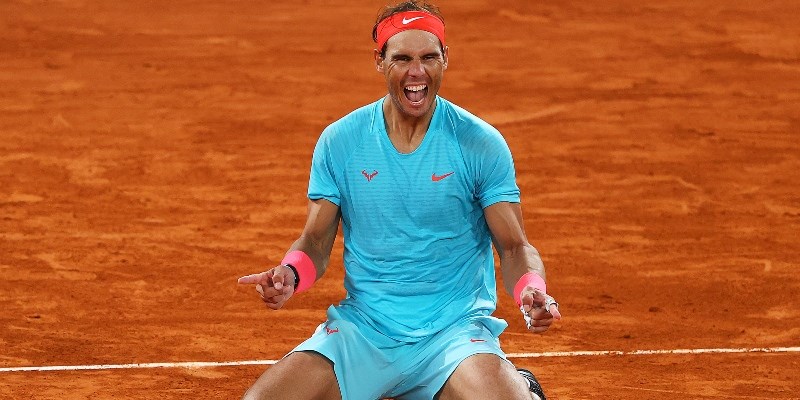 Rafael Nadal celebrating on court after his 13th French Open win