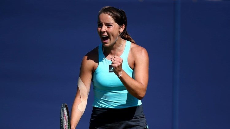 Jodie Burrage celebrating a career best win at the Rotehsay International Eastbourne