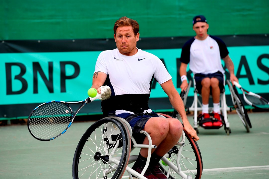 Antony Cotterill and Andy Lapthorne on court, World Team Cup in Sardinia