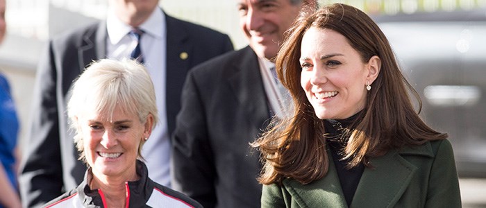 close up of judy murray and kate middleton standing next to each other smiling at  Craigmount High School in Edinburgh