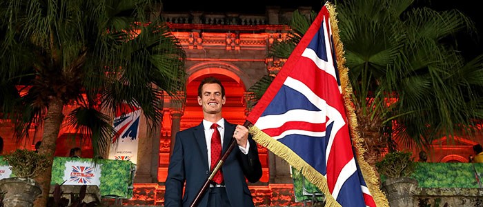 Andy Murray smiling with the British flag at British House