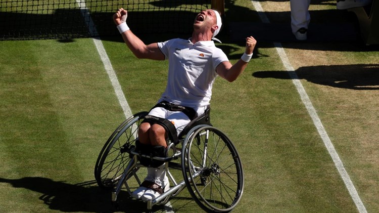 Alfie Hewett celebrates match point against Gustavo Fernandez during the Wheelchair Singles Semi Final match on day twelve of The Championships Wimbledon 2022