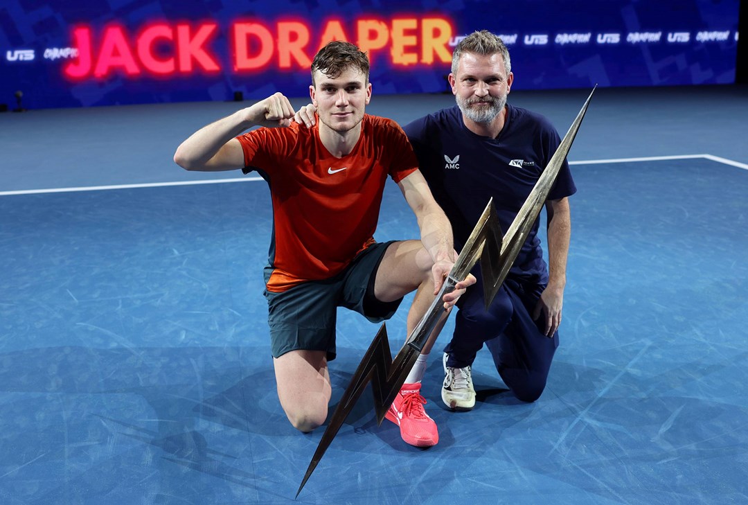 Jack Draper and James Trotman pose with teh Ultimate Tennis Showdown trophy