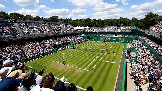View of Nottingham centre court on a sunny day from the stands