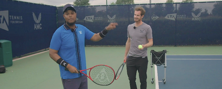 Chunkz and Andy Murray holding rackets