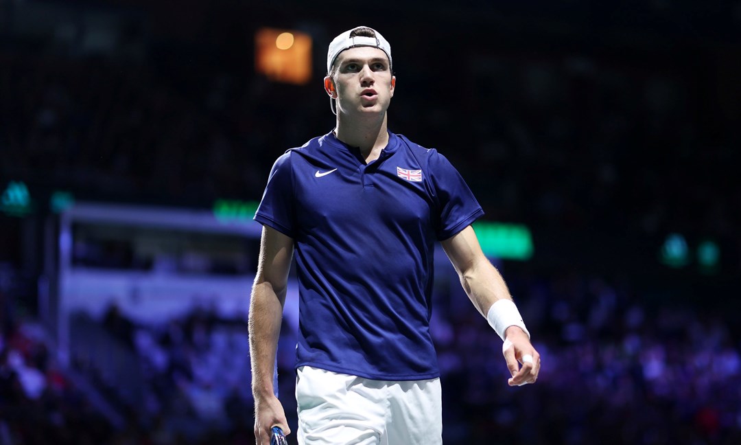 Jack Draper taking on Miomir Kecmanovic at the Davis Cup Finals in Malaga