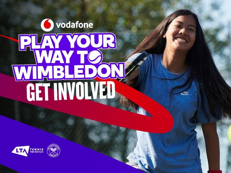 A young girl smiling while playing tennis with the Play Your Way To Wimbledon graphic in front.