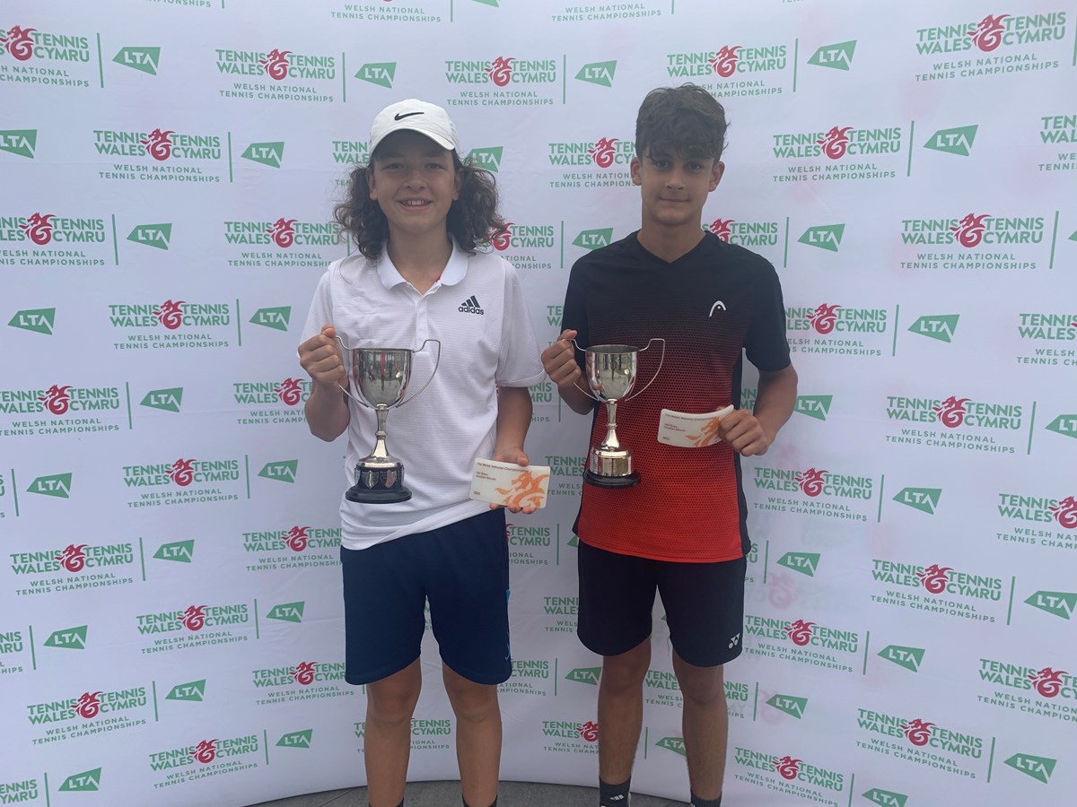 Two young players posing with their trophiesinfront of a wales backdrop