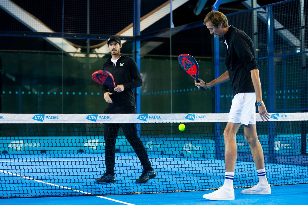 Andy Murray and Peter Crouch holding padel rackets