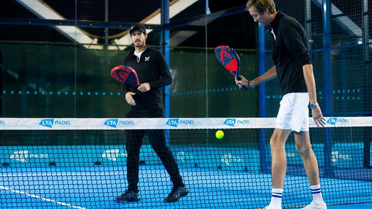 Andy Murray and Peter Crouch holding padel rackets