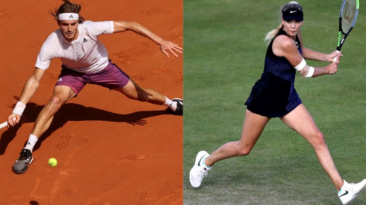 Two tennis players returning shots during a ralley