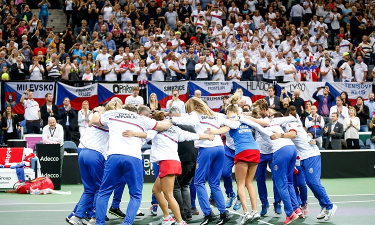 Czech Republic Fed Cup team celebrate a win against the USA in the 2018 Fed Cup Final