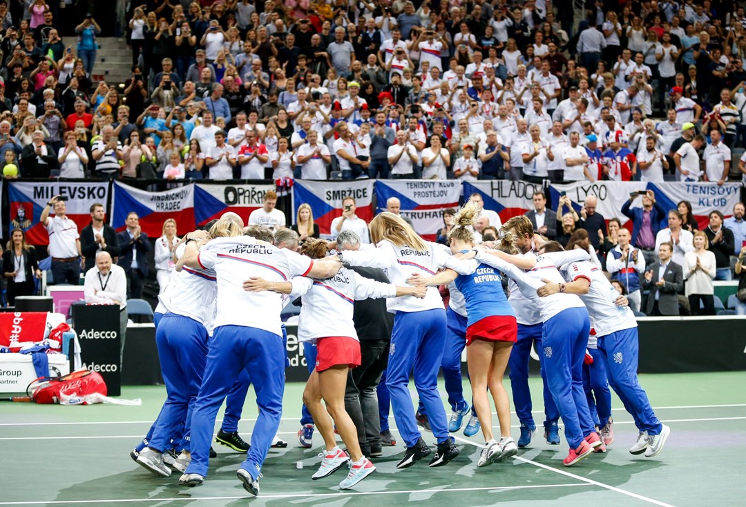 Czech Republic Fed Cup team celebrate a win against the USA in the 2018 Fed Cup Final